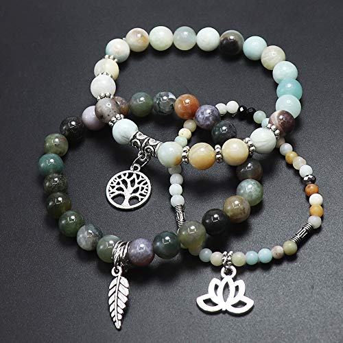 Tree of Life Yoga Healing Stone Bracelets,Multilayer Lotus Chakra Stone Reiki Bracelet Sets,Anxiety Crystal Natural Stone,for Women Stress Relief - style: Amazon Stone + Indian Agate