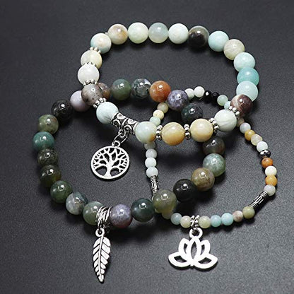 Tree of Life Yoga Healing Stone Bracelets,Multilayer Lotus Chakra Stone Reiki Bracelet Sets,Anxiety Crystal Natural Stone,for Women Stress Relief - style: Amazon Stone + Indian Agate