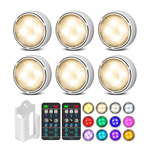 Puck Lights with Remote Control, Battery Operated Wireless Under Cabinet Lighting, Stick on Tap Push Lights for Kitchen, Shelf, 6 Pack - White - color: White, size: 6 Pack