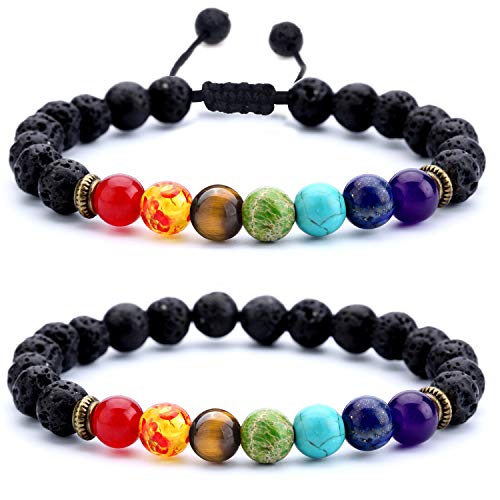 Men Women 8mm Lava Rock Beads Chakra Bracelet Braided Rope Natural Stone Yoga Bracelet Bangle - color: 2 Pcs Set-21004