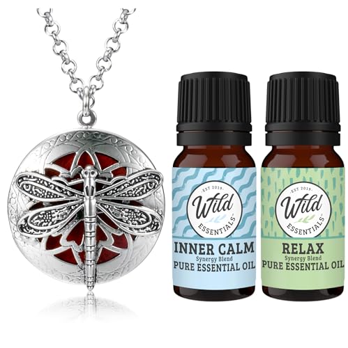 Wild Essentials Dragonfly Necklace Essential Oil Diffuser Kit with Lavender, Lemongrass, Peppermint, Orange Oils, 12 Refill Pads, Calming Aromatherapy Gift Set, Customizable Color Changing, Perfume - color: Silver Dragonfly, size: 2 Oils