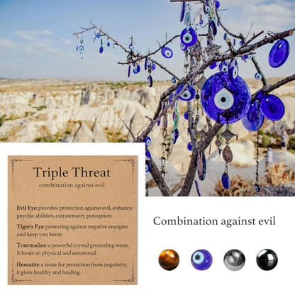 Triple Threat Protection Bracelet for Women,Evil Eye Natural Healing Crystal Beaded Bracelet for Protection - style: Evil Eye Bracelet