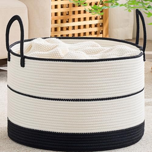 KAKAMAY Cotton Rope Storage Basket (20"x13"),Woven Hamper for Blankets,Toys,Pillows,Clothes,Laundry,Sturdy Handles Decorative Basket for Living Room, Bedroom,Nursery(Black/Beige) - color: Black and Beige