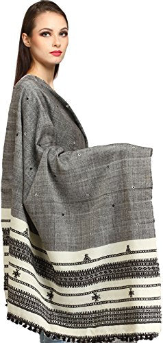 Exotic India Shawl from Kutch with Embroidered Mirrors - Pure Wool - color: Charcoal Gray