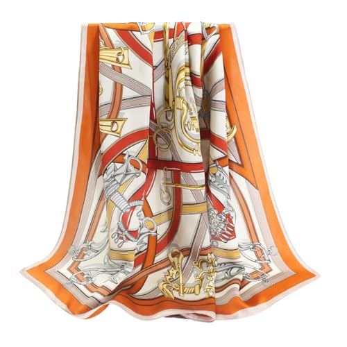 ANDANTINO 100% Pure Mulberry Silk Scarf 35" Large Square Lightweight Headscarf –Women’s Hair Wraps-With Gift Packed - color: Gold&orange