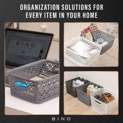 BINO l Plastic Storage Baskets, Medium - Grey | THE BLOSSOM COLLECTION l Multi-Use Organizer Bin l Built-in Handles l Plastic Woven Basket for Organizing l Pantry & Home Organizing Basket