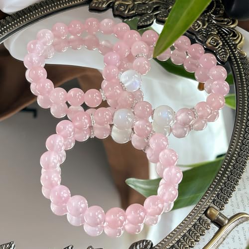 Rose Quartz Bracelet, 8mm Natural Gemstone Love Stone Jewelry Anxiety Relief & Meditation Support Heart Chakra Balance Valentine’s Mother’s Day Gift for Her - color: Sakura pink