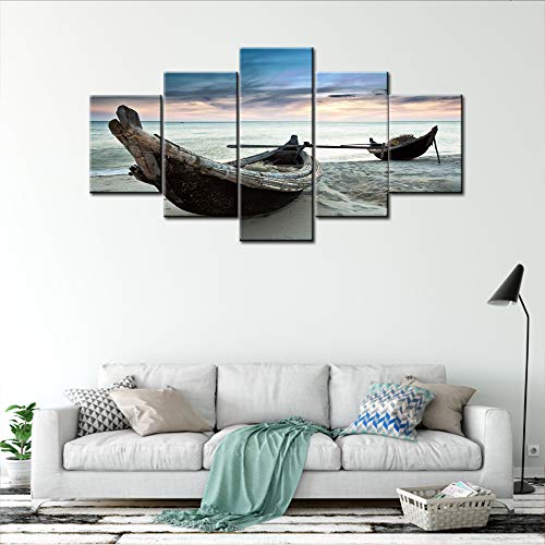 Large Modern Sea and Sky Landscape Wall Art for Living Room Bedroom Decoration Fisherman Boat at The Beach During Sunset Artwork 5 Panels Framed Canvas Giclee Artwork Ready to Hang - 60"W x 32"H - color: Artwork-03, size: 60"W x 32"H