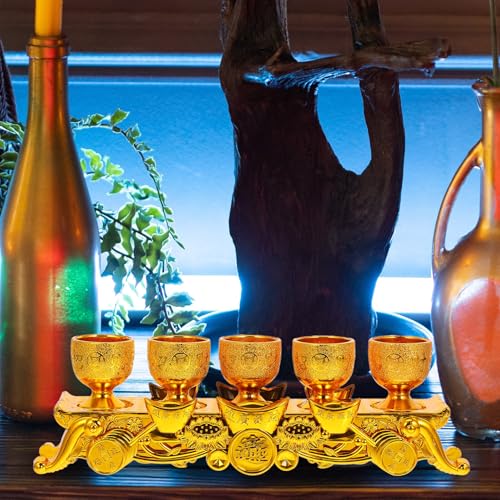 Buddhist Water Offering Cup Set Golden Mini Plastic Buddhist Chalice Cups with Base Temple Worship Mug 5pcs Blessing Goblets