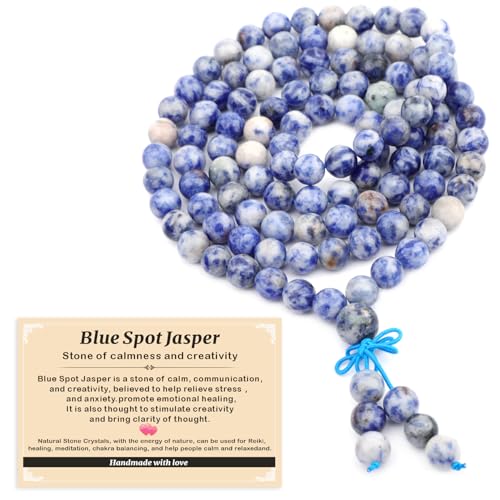 AD Beads 6mm 8mm 108 Prayer Mala Jasper Elastic Bracelet - Handmade Yoga Meditation Healing Power Energy Gifts for Unisex Adult. - color: Blue Spot Jasper(Creativity)