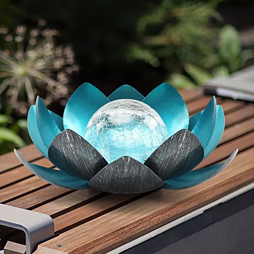 Lotus Solar Lights Outdoor,Solar LED Powered Garden Light Waterproof for Decor Tabletop Ground Yard Patio Walkway Landscape,Metal Glass LED Lotus Flower Lights - color: Blue
