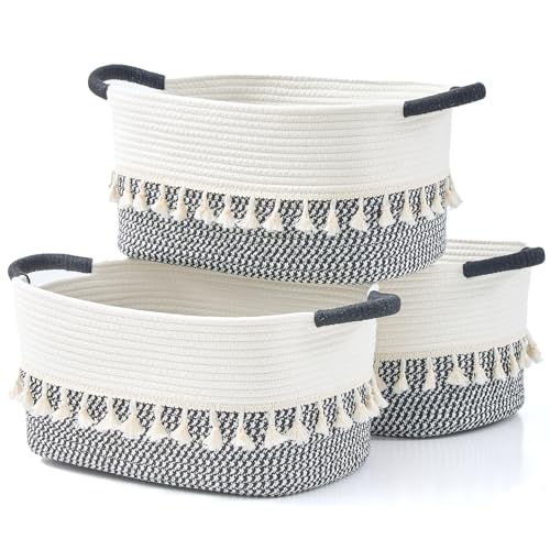 Woven Baskets, 3-Pack Storage Basket for Living Room, Bedroom, Nursery, Stylish Gift Basket with Handles, Cotton Rope Basket for Toys and Shelves, Multi-Purpose Organizer, White/Black - color: White/Black