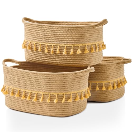 Woven Baskets, 3-Pack Storage Basket for Living Room, Bedroom, Nursery, Stylish Gift Basket with Handles, Cotton Rope Basket for Toys and Shelves, Multi-Purpose Organizer, Brown - color: Brown