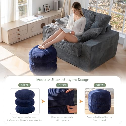 HIGOGOGO Pouf Ottoman Stuffed Round Modern Foam Filled Foot Rest Poufs 20 X 18 Inches Modular Ottomans Separated Into Floor Cushions for Living Room Chair Decorative Stool, Navy
