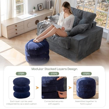 HIGOGOGO Pouf Ottoman Stuffed Round Modern Foam Filled Foot Rest Poufs 20 X 18 Inches Modular Ottomans Separated Into Floor Cushions for Living Room Chair Decorative Stool, Navy