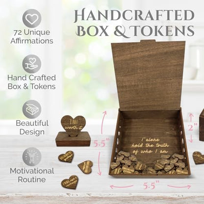 Positive Affirmations Box | Moon Phase Themed Engraved Wood Box with 72 Positive Affirmation Heart Cutouts | Daily Motivational Gift for Women - style: Moon Phases & Affirmations