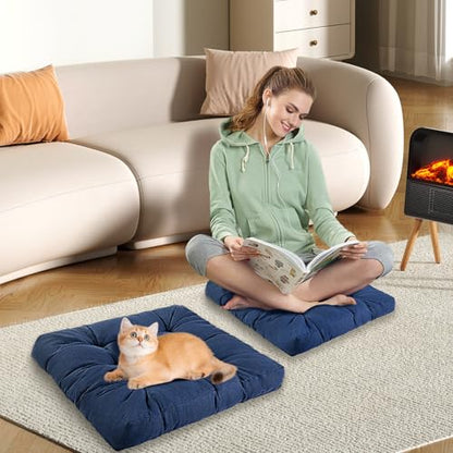 Meditation Floor Cushions, Thickened Floor Pillow for Adults, Large Square Pillows Seat Cushion for Tatami Living Room Yoga, Memory Sponge Block Added, 22x22 Inch, Drak Blue