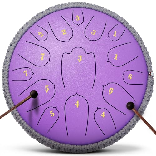 Rain Drum for Outside, 12 Inch 15 Notes Steel Tongue Drum, D Major Percussion Instrument with Soft Bag, Mallets & Music Book, Zen Garden Decor for Meditation, Yoga & Sound Healing (Purple) - color: purple