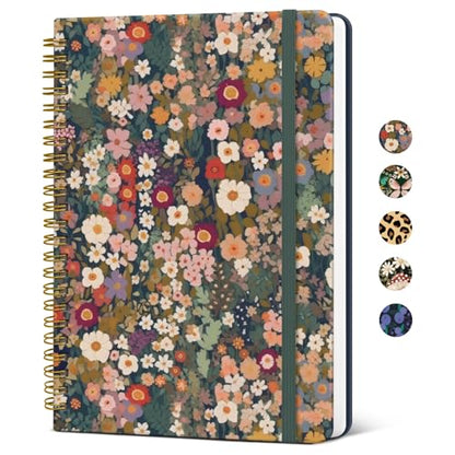Lined Spiral Journal Notebook for Women, A5 Cute College Ruled Hardcover Notebook for Work & Note Taking, Pretty Journal for Writing, 140 Pages, Flower Garden