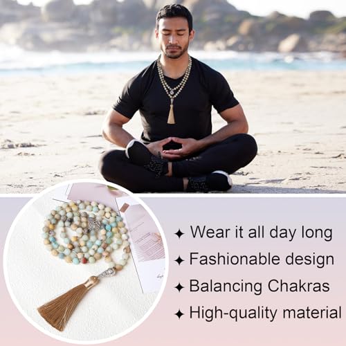 8mm 108 Mala Beads Wrap Bracelet Necklace for Yoga Charm Bracelet Natural Gemstone Jewelry for Women Men - color: Wood with Lotus