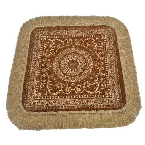 Soft Chenille Prayer Mat | 1.5x1.5 Feet Traditional Mandala Floral Pooja Aasan with Golden Fringes | Multipurpose Square Rug for Meditation, Yoga, Puja Room & Home (Pack of 2, Gold) - color: Gold, size: 1.5x1.5 Feet