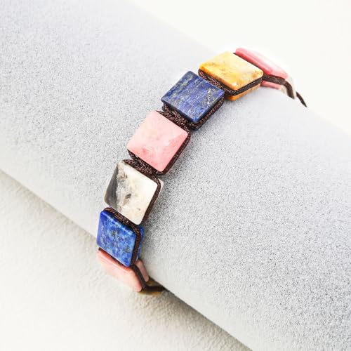 Square Natural Stone Unisex Adjustable Bracelet - Handmade with Natural Stons - Square Healing Crystal Bead Bracelet - color: Colorful