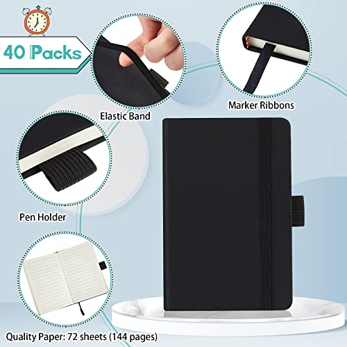 Laumoi 40 Pieces Small Notebooks A6 Pocket Journals 3.5 x 5.5 Inch Small Leather Notebook Mini Ruled Lined Journal with Elastic Band Pen Holder Page Marker Ribbons (Black) - color: Black