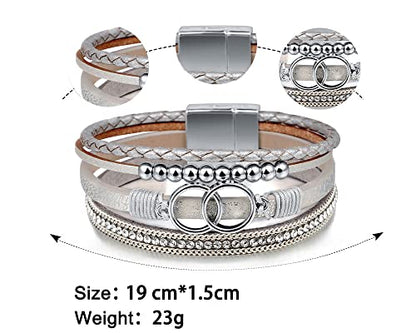 Fesciory Leopard Bracelet for Women, Boho Leather Wrap Multi-Layer Pearl Crystal Bracelet Bangle Jewelry - style: Double Circle(Silver)