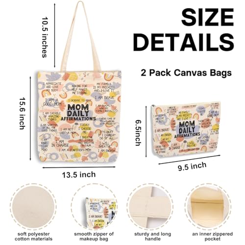 Daily Affirmations for Women, 2PCS Cosmetic Bag Canvas Tote Bag Beach Bags with Pocket Makeup Bags Mom Gifts Mental Health Gifts Inspirational Gift for Women Mother Mama Daughter Birthday Mothers Day - color: Mom Affirmations 0937