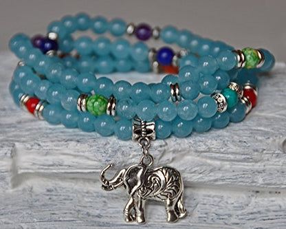 Calm and Patience, 108 Aquamarine Mala Beads, Elephant Necklace, Wrap Gemstone Bracelet, Chakra Balance, Meditation, Japa Mala
