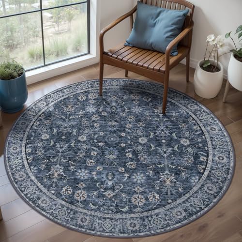 Tangsoo Vintage Round Rug 3ft Washable Circle Rug, Non Slip Small Boho Round Rug, Low Pile Floral Circular Rugs, Machine Washable Round Carpet for Bedroom,Entryway,Nursery,Dorm,Kitchen,Office,Blue - color: Distressed Blue Black, size: 3' X 3' (Round)