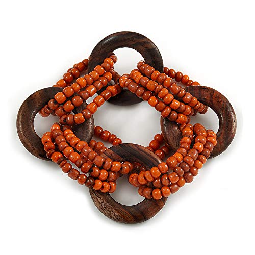 Avalaya Multistrand Dusty Orange Glass Bead with Wooden Rings Flex Bracelet - Medium