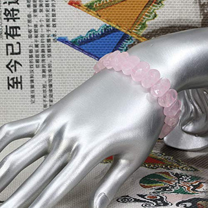 Keleny Semi Precious Stones 14mm Faceted Oval Beads Crystal Rock Elastic Bangle 7.5 Inch - color: A Grade Rose Quartz