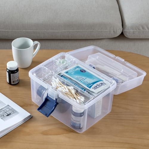 MyGift 10 Inch First Aid Clear Bin with Detachable Tray and Blue Quick Access Top Lid Flap, Portable Emergency Kit, Medical Supply Travel Tote, Medicine Storage Box Container (Navy) - color: Navy