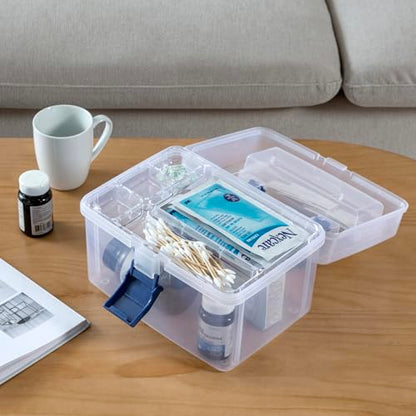MyGift 10 Inch First Aid Clear Bin with Detachable Tray and Blue Quick Access Top Lid Flap, Portable Emergency Kit, Medical Supply Travel Tote, Medicine Storage Box Container (Navy) - color: Navy