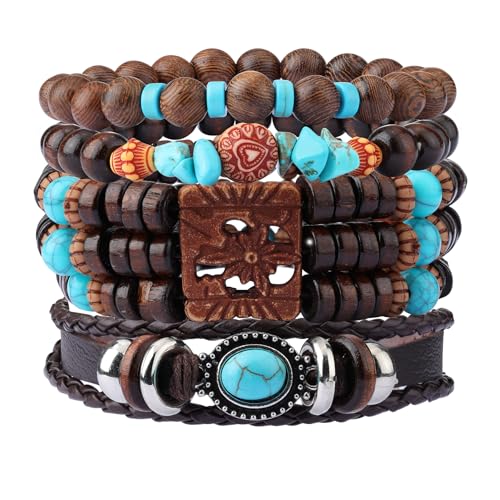 MILAKOO Mens Beaded Bracelets Tribal Wooden Elastic Adjustable Prayer Beads Wrap Cuff for Women - color: H: 4pcs