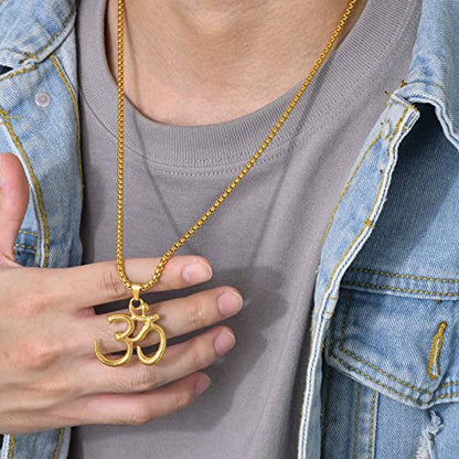 Stainless Steel Om Necklace for Men Women, gold plated/Silver/Black Yoga Charm Pendant Necklaces Aum Om Ohm Sanskrit Symbol Hindu Meditation Chain Necklace,Mens Womens Jewelry Gifts - color: Gold