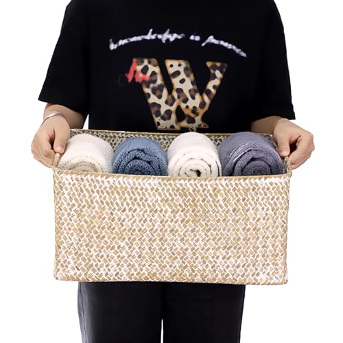 Hipiwe Seagrass Storage Basket Bin Rectangular Handwoven Wicker Storage Box with Handle Opened Baskets Box for Shelf Organizing Closet Bathroom, 15.7" L x 11.8" W x 7.5" H