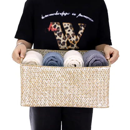 Hipiwe Seagrass Storage Basket Bin Rectangular Handwoven Wicker Storage Box with Handle Opened Baskets Box for Shelf Organizing Closet Bathroom, 15.7" L x 11.8" W x 7.5" H
