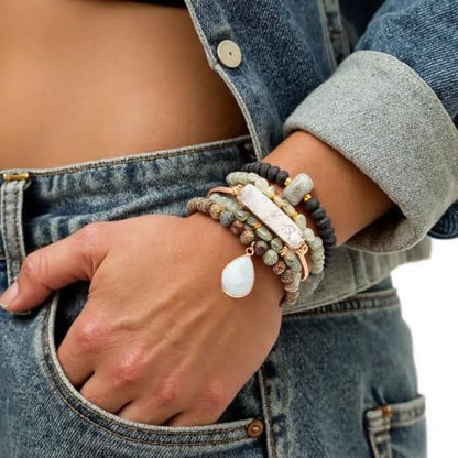 5PCS Natural Boho Beaded Bracelets Bangle for Women Men,Healing Turquoise Jasper Agate Crystal Gemstone Stone Chakra Multilayer Wrap Bohemian Handmade Jewelry Beads Stretch Bracelet Set - color: Grey Green