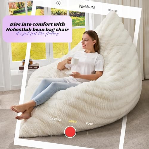 Hobestluk 3 in 1 Bean Bag Chair Giant Bean Bag Chairs for Adults with Ripple Cover Convertible Bean Bag Floor Cushion with Machine Washable Cover for Living Room (Ripple White) - color: Rice White