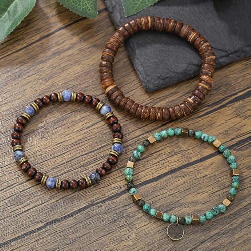 Puka Shell Bracelet for Men Wooden Bracelets Turquoise Stack Beaded Minimalist Trendy Jewelry for Friend Gift - style: 3pcs-Coin