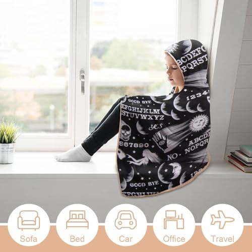 Skull Moon Sun Gothic Witch Board Seamless Black Large Size Comfortable Hooded Blanket, Warm Blanket 60"x80" - color: Skull Moon Sun Gothic Witch Board Seamless Bl, size: 60"x80"