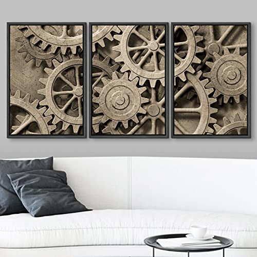 wall26 - 3 Piece Framed Canvas Wall Art - a Mechanical Background with Gears and Cogs - Modern Home Art Stretched and Framed Ready to Hang Panels - 16"x24"x3 Black - color: Artwork - 004, size: 16" x 24" x 3 Panels BLACK
