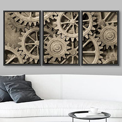 wall26 - 3 Piece Framed Canvas Wall Art - a Mechanical Background with Gears and Cogs - Modern Home Art Stretched and Framed Ready to Hang Panels - 16"x24"x3 Black - color: Artwork - 004, size: 16" x 24" x 3 Panels BLACK