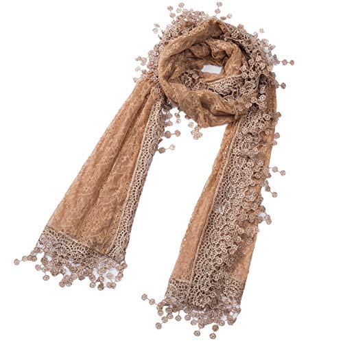 Cindy and Wendy Lightweight Soft Leaf Lace Fringes Scarf Bridal Veils shawl for Women - color: Brown Floral With Fringes