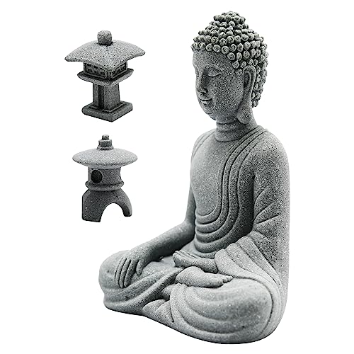 Hoypeyfiy Mini Buddha Statue Set with Stone Lantern, Zen Garden Accessories Sitting Buddha Figurine for Home Decor, Patio Yard Garden, Terrarium, Micro Landscape Decoration