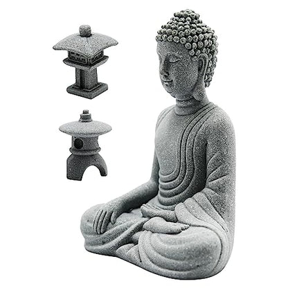Hoypeyfiy Mini Buddha Statue Set with Stone Lantern, Zen Garden Accessories Sitting Buddha Figurine for Home Decor, Patio Yard Garden, Terrarium, Micro Landscape Decoration