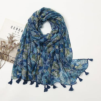YOUR SMILE Large Boho Scarf for Women Lightweight Floral Printed Scarves Fall Winter Fashion Fringed Shawl wraps - color: 01 Teal Leaves