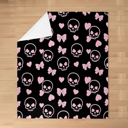 Castle Fairy Cartoon Skull Flannel Fleece Throw Blanket 60"x80" Pink Bowknot Love Heart Fuzzy Blanket for Sofa Couch Modern Girly All Season Bed Blankets Lightweight Plush Blankets,Black Pink - color: Black Pink, size: Twin